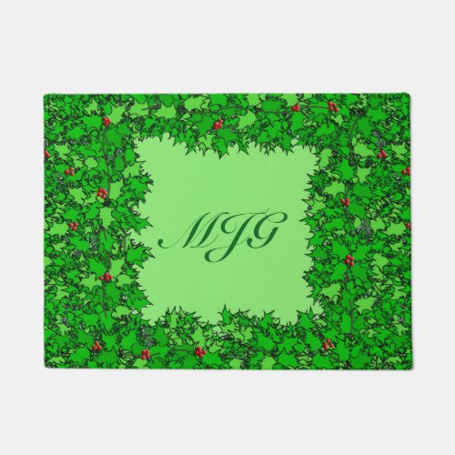 Holly Wreath with Monogram Dark Green Doormat