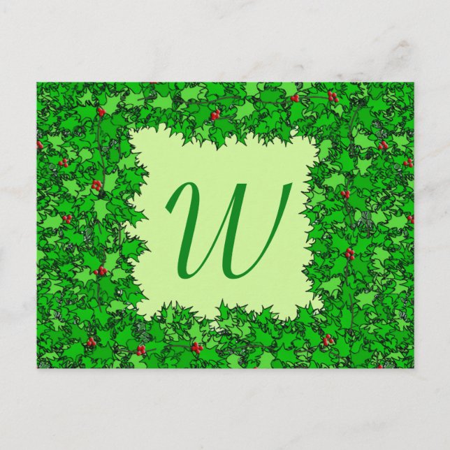 Holly Wreath with Monogram, Dark Green Postcard (Front)