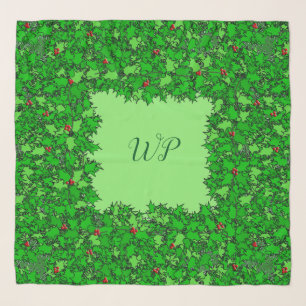 Holly Wreath with Monogram, Dark Green Scarf