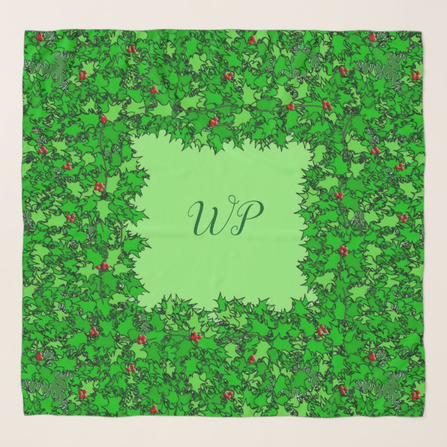 Holly Wreath with Monogram, Dark Green Scarf (Front)