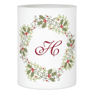 Holly Wreath with Monogram Flameless Candle