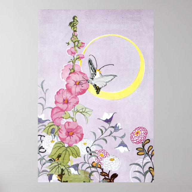 Hollyhock, Dahlia and Balloon Flowers Poster (Front)
