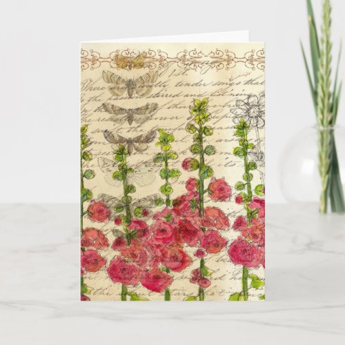 Hollyhock Flowers Butterflies Vintage Art Collage Card