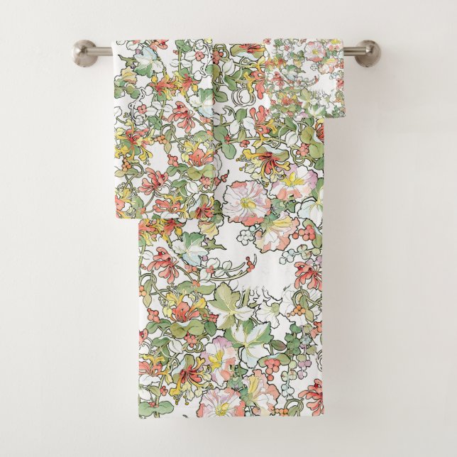 Hollyhock & Honeysuckle Flowers Bath Towel Set (Insitu)