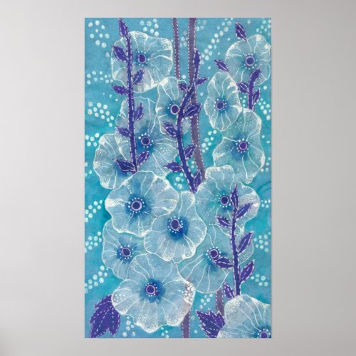 Hollyhock Mallow Malva Flower Floral Collage Blue Poster