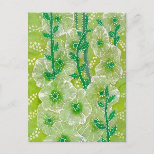 Hollyhock Mallow Malva Flowers Green Shades Floral Postcard
