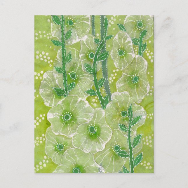 Hollyhock Mallow Malva Flowers Green Shades Floral Postcard (Front)