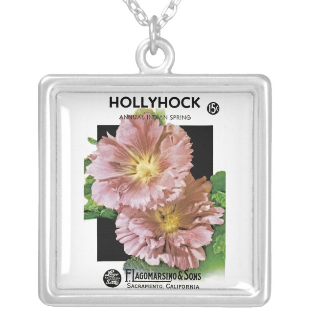 Hollyhock Vintage Seed Packet Silver Plated Necklace (Front)