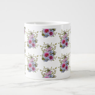 Hollyhocks and Blue Flowers with Bumble BEES Giant Coffee Mug