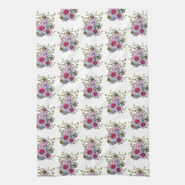 Hollyhocks and Blue Flowers with Bumble BEES Kitchen Towel (Vertical)