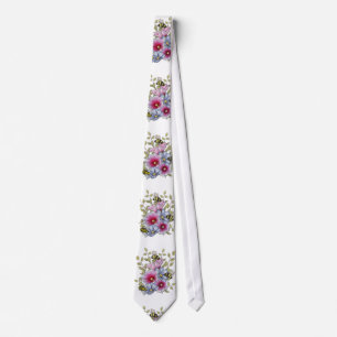 Hollyhocks and Blue Flowers with Bumble BEES Neck Tie