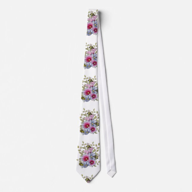 Hollyhocks and Blue Flowers with Bumble BEES Neck Tie (Front)