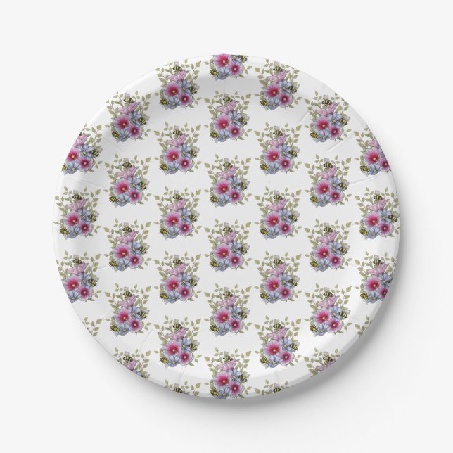 Hollyhocks and Blue Flowers with Bumble BEES Paper Plates (Front)