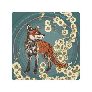 hollyhocks fox deep pine cream metal print