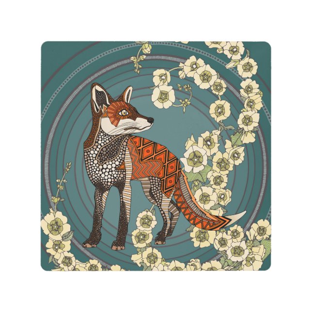 hollyhocks fox deep pine cream metal print (Front)