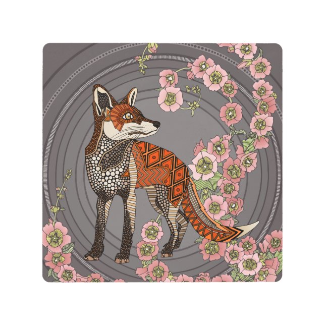 hollyhocks fox hematite blush metal print (Front)