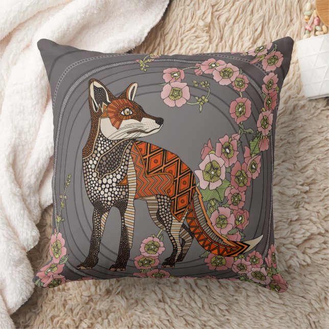hollyhocks fox hematite blush throw pillow (Blanket)