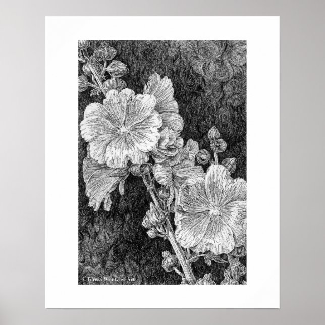 Hollyhocks Pen Drawing Poster (Front)