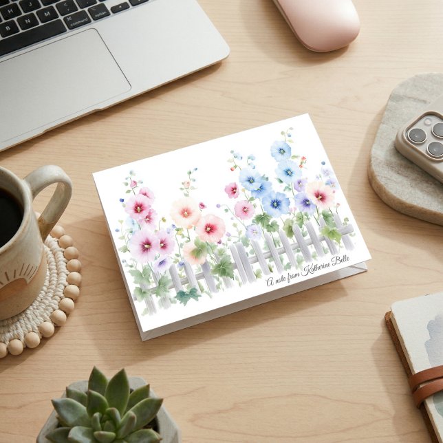 Hollyhocks & Rustic Wood Fence Folded Note Card (Creator Uploaded)