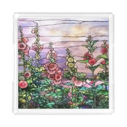 Hollyhocks Vintage Floral Tiffany Stained Glass Acrylic Tray