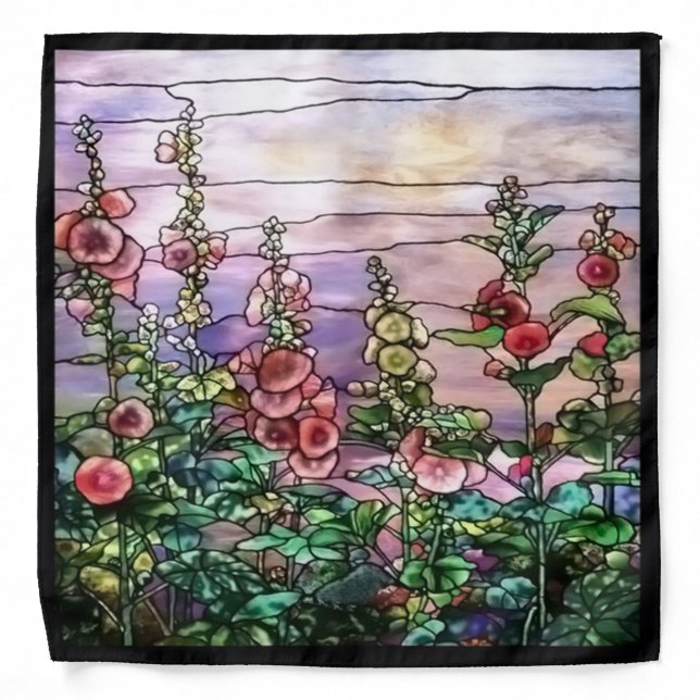 Hollyhocks Vintage Floral Tiffany Stained Glass Bandana (Front)