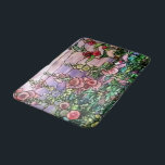 Hollyhocks Vintage Floral Tiffany Stained Glass Bathroom Mat<br><div class="desc">Gorgeous vintage Art Nouveau Tiffany Stained Glass Floral Window Reproduction depicted the beauty of a field of hollyhocks in romantic purple tone against sunset sky is on this bathmat.</div>