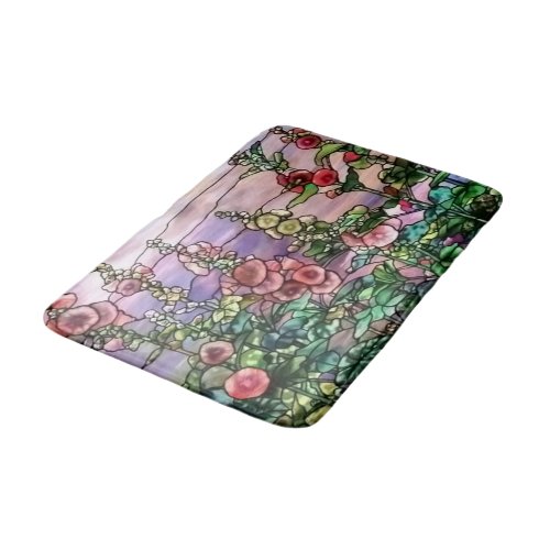 Hollyhocks Vintage Floral Tiffany Stained Glass Bathroom Mat