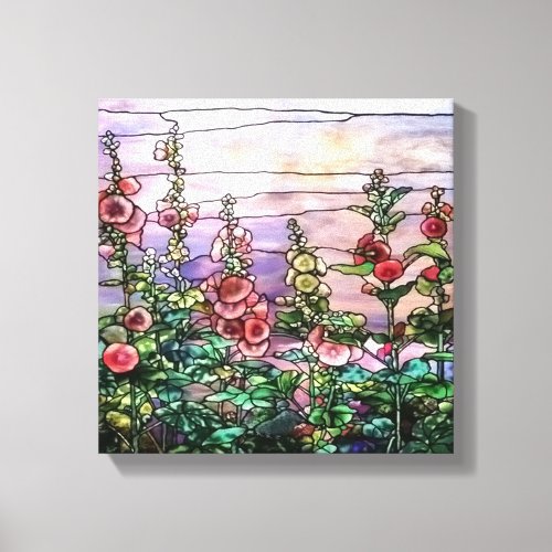 Hollyhocks Vintage Floral Tiffany Stained Glass Canvas Print