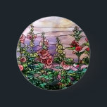 Hollyhocks Vintage Floral Tiffany Stained Glass Pinback Button<br><div class="desc">Gorgeous vintage Art Nouveau Tiffany Stained Glass Floral Window Reproduction depicted the beauty of a field of hollyhocks in romantic purple tone against sunset sky is on this custom button.</div>