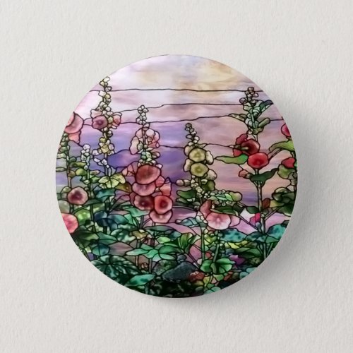 Hollyhocks Vintage Floral Tiffany Stained Glass Pinback Button