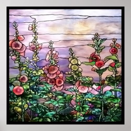 Hollyhocks Vintage Floral Tiffany Stained Glass Poster