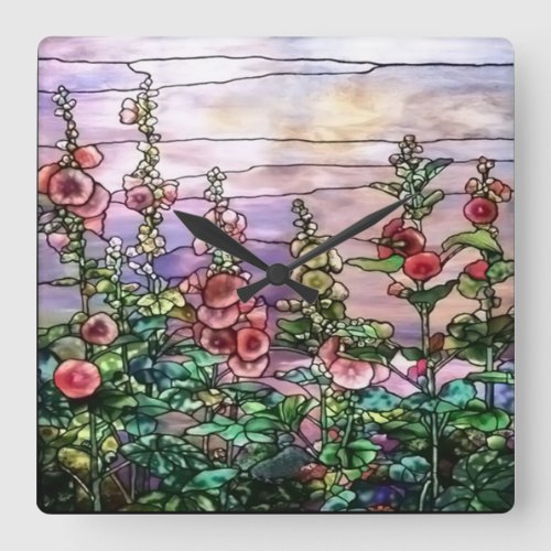 Hollyhocks Vintage Floral Tiffany Stained Glass Square Wall Clock