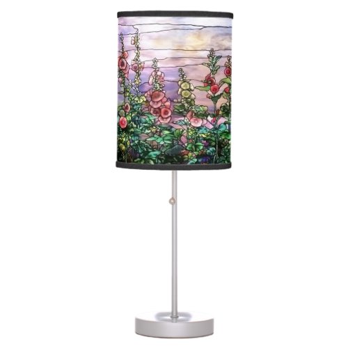 Hollyhocks Vintage Floral Tiffany Stained Glass Table Lamp