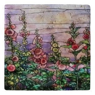 Hollyhocks Vintage Floral Tiffany Stained Glass Trivet