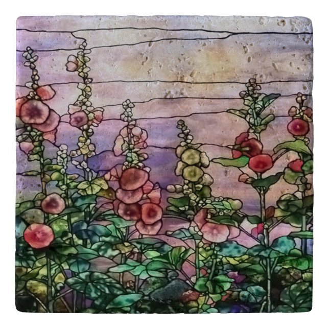 Hollyhocks Vintage Floral Tiffany Stained Glass Trivet (Front)