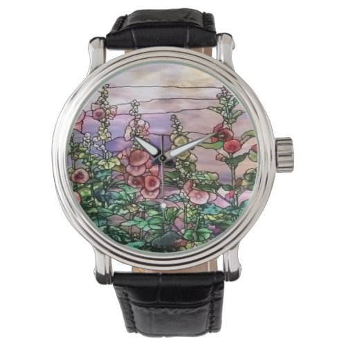 Hollyhocks Vintage Floral Tiffany Stained Glass Watch