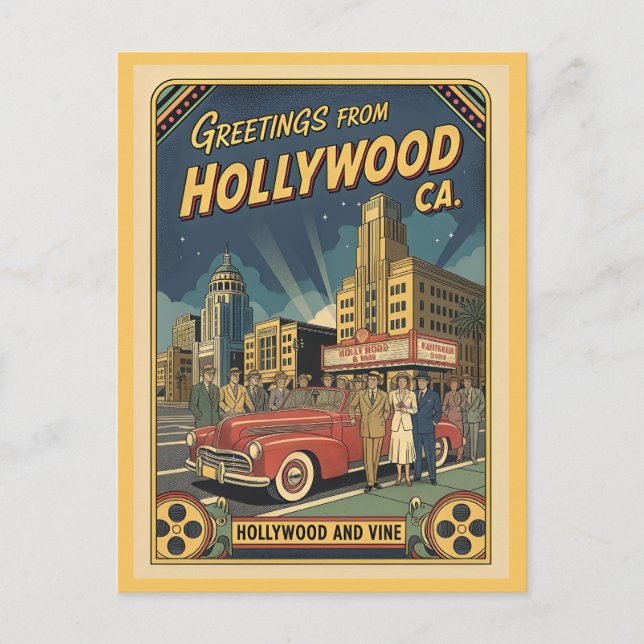 Hollywood and Vine 1940s View Vintage Style Postcard (Front)