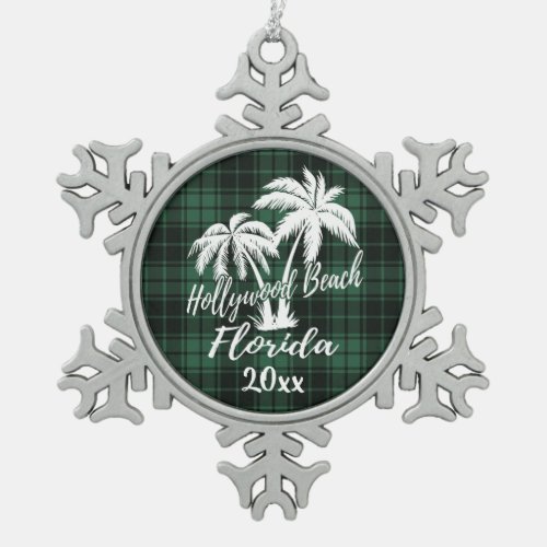 Hollywood Beach Florida Palm Green Plaid Snowflake Pewter Christmas Ornament