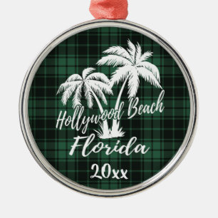 Hollywood Beach Florida Palm Tree Green Plaid Metal Ornament