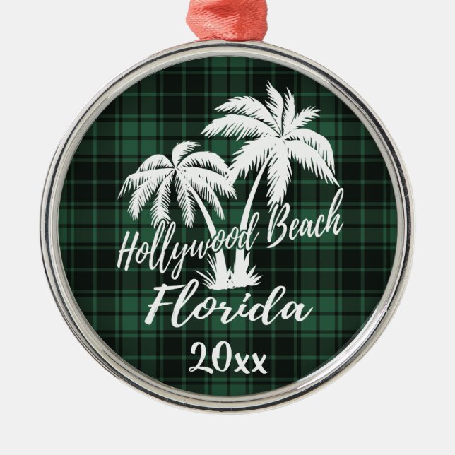 Hollywood Beach Florida Palm Tree Green Plaid Metal Ornament (Front)