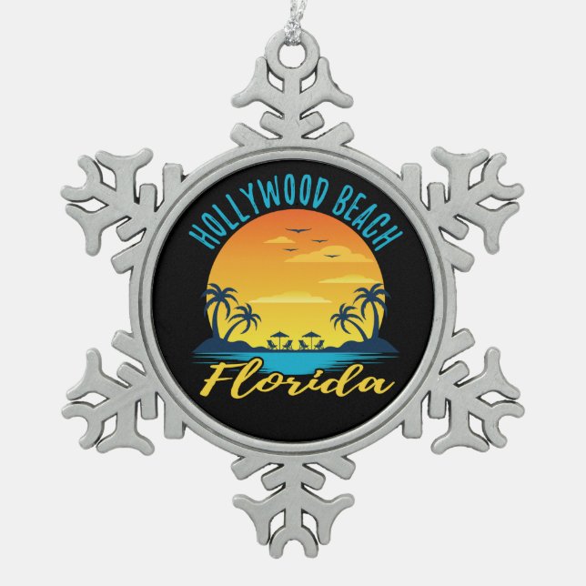 Hollywood Beach Florida Palm Trees Beach Snowflake Pewter Christmas Ornament (Front)