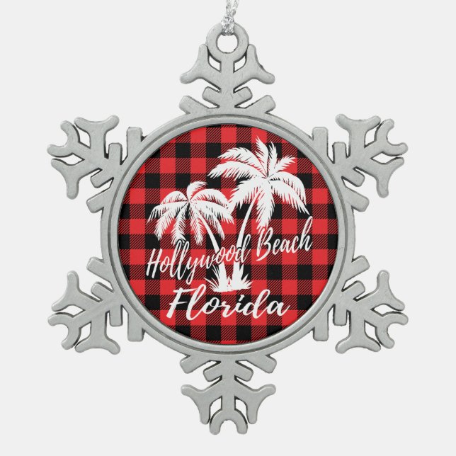 Hollywood Beach Florida Palm Trees Snowflake Pewter Christmas Ornament (Front)