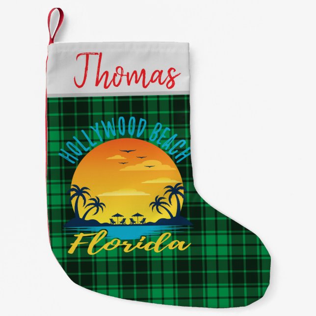 Hollywood Beach Florida Retro Sunset Green Plaid Small Christmas Stocking (Front)