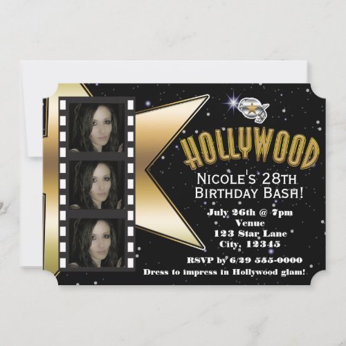 Hollywood Black  Gold 3 Photo Birthday Invitation