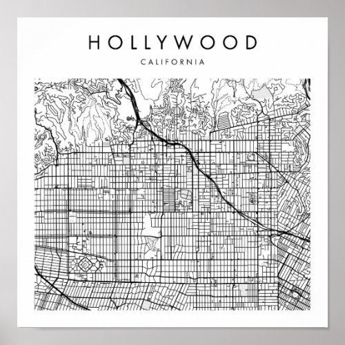 Hollywood California Minimal Modern Street Map Poster