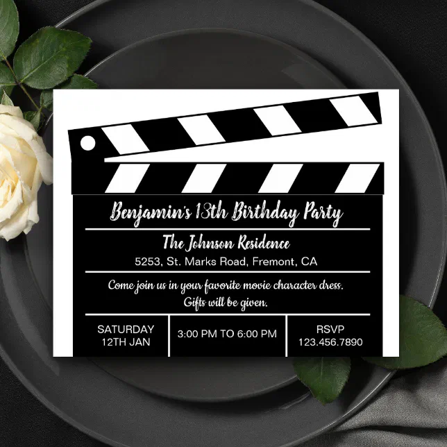 Hollywood Cinema Movie Clapper Birthday Invitation 