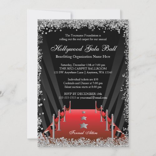 Hollywood Gala Ball Red Carpet Silver Glitter Invitation