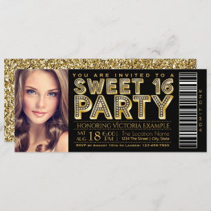Hollywood Glam Sweet 16 Ticket Black and Gold Invitation