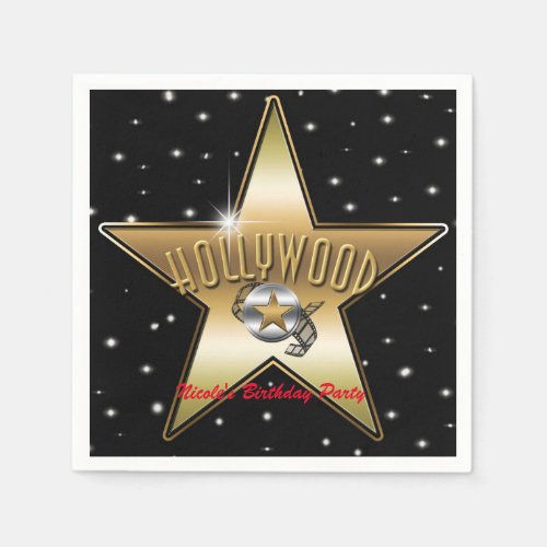 Hollywood Gold Star Black Birthday Party Paper Napkins