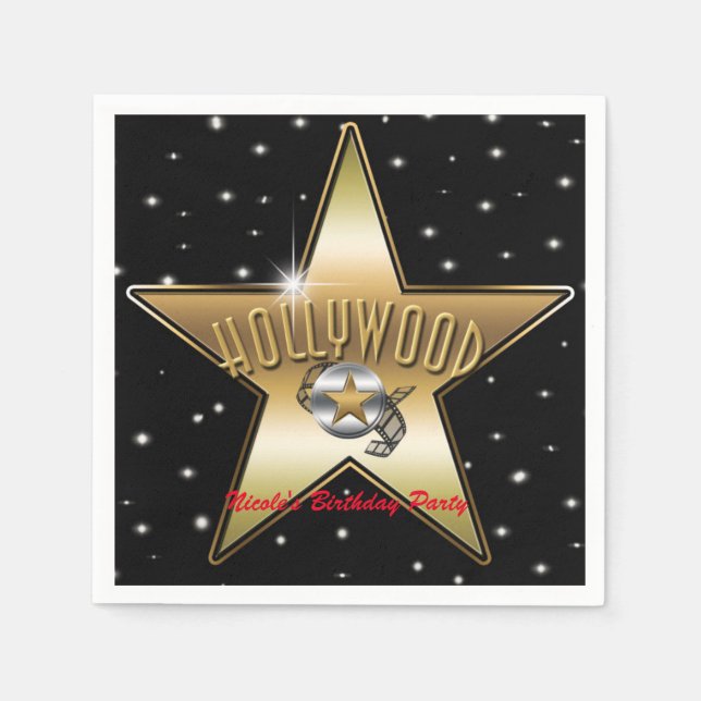 Hollywood Gold Star Black Birthday Party Paper Napkins (Front)